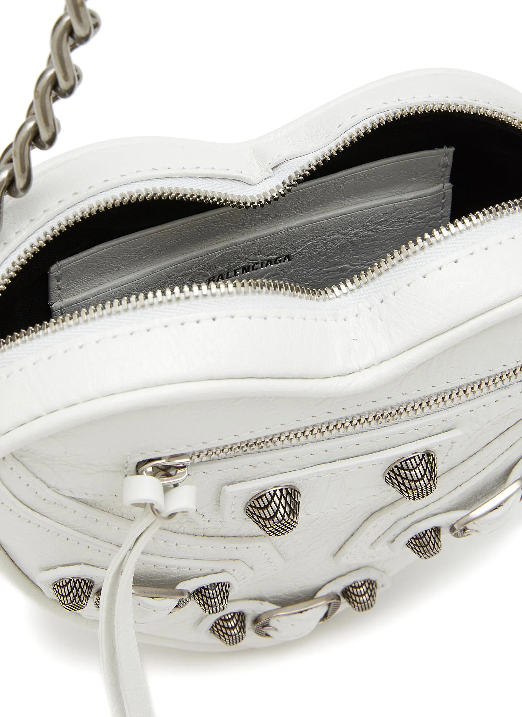 -----------BALENCIAGA  ---- ------------WHITE ----Mini ‘Cagole’ Heart Shape Arena Finish Leather Chain Crossbody Bag --