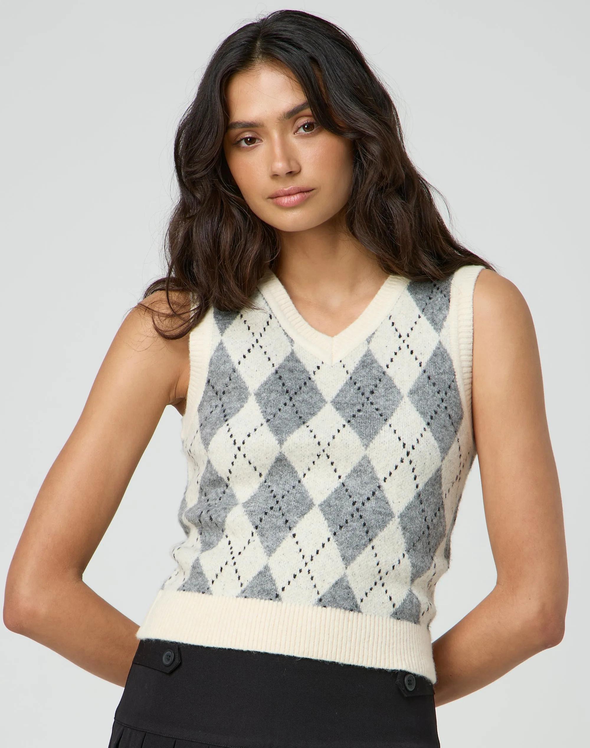 Argyle V Neck Vest in Dot/argyle/neutral | Glassons