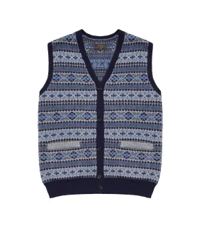 Beams+ Button Knit Vest Indigo Fair Isle