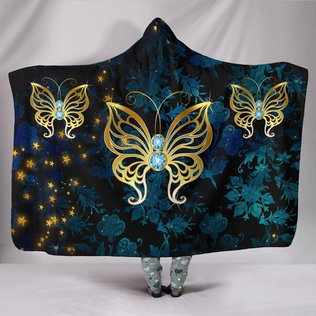 Butterfly on Blue Damask Hooded Blanket