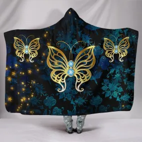 Butterfly on Blue Damask Hooded Blanket