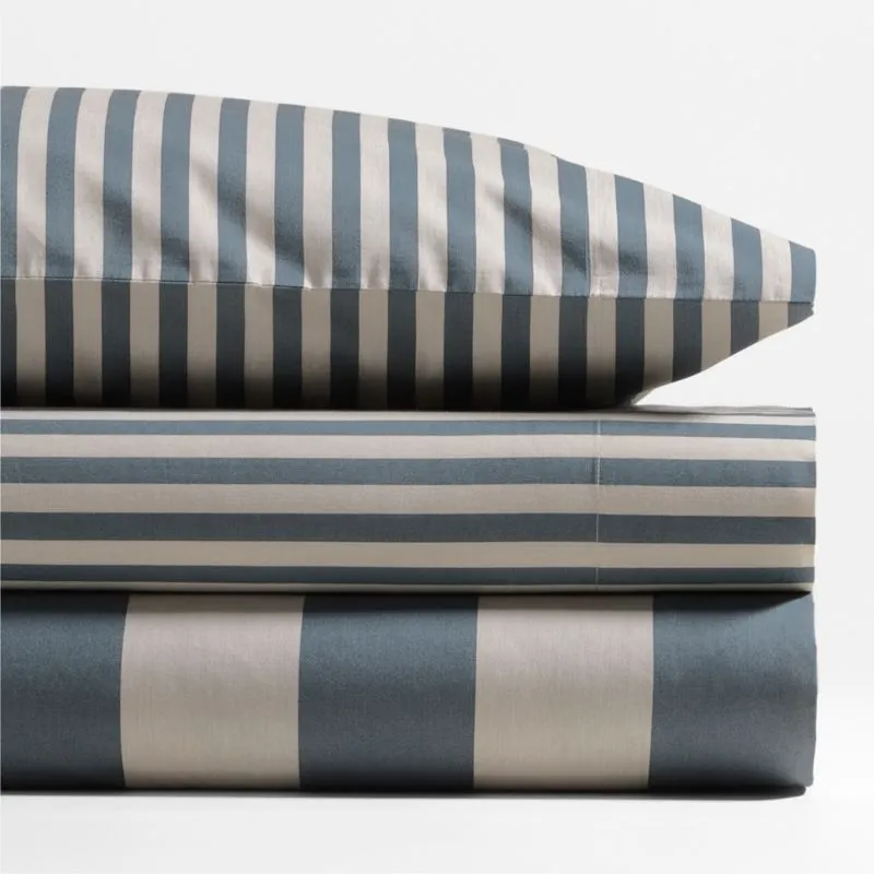 Crate&Barrel Riviera Slate Blue Stripe Organic Cotton Kids Twin Sheet Set