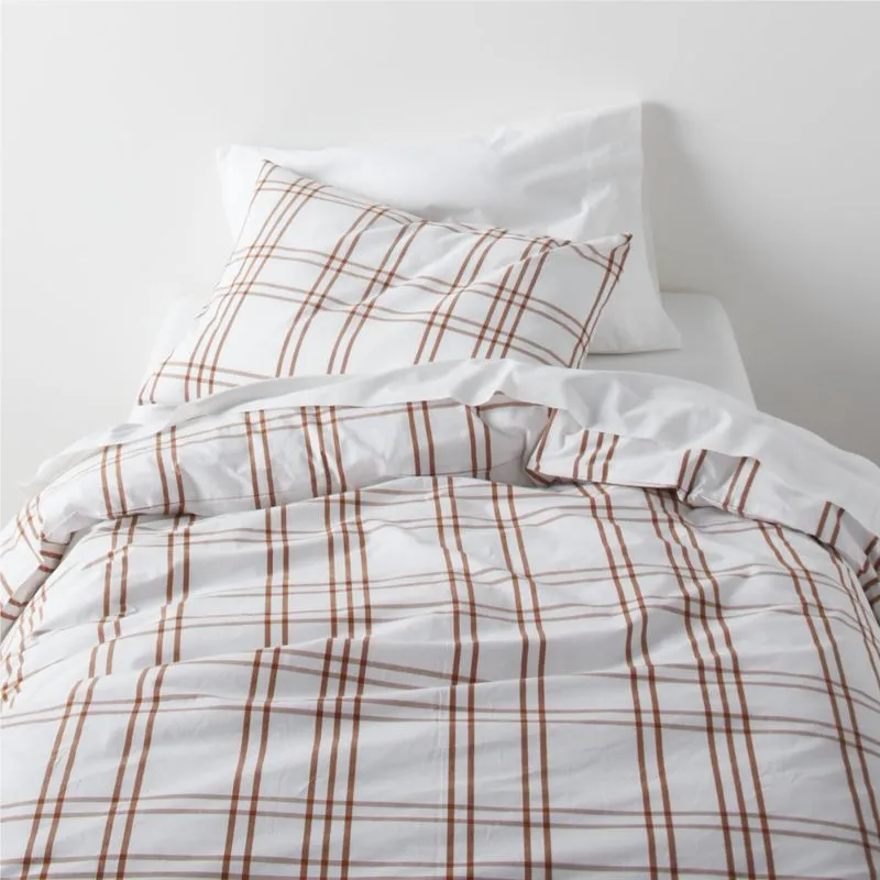 Crate&Barrel Stax Almond Brown Yarn-Dyed Organic Cotton Kids Twin Duvet Cover