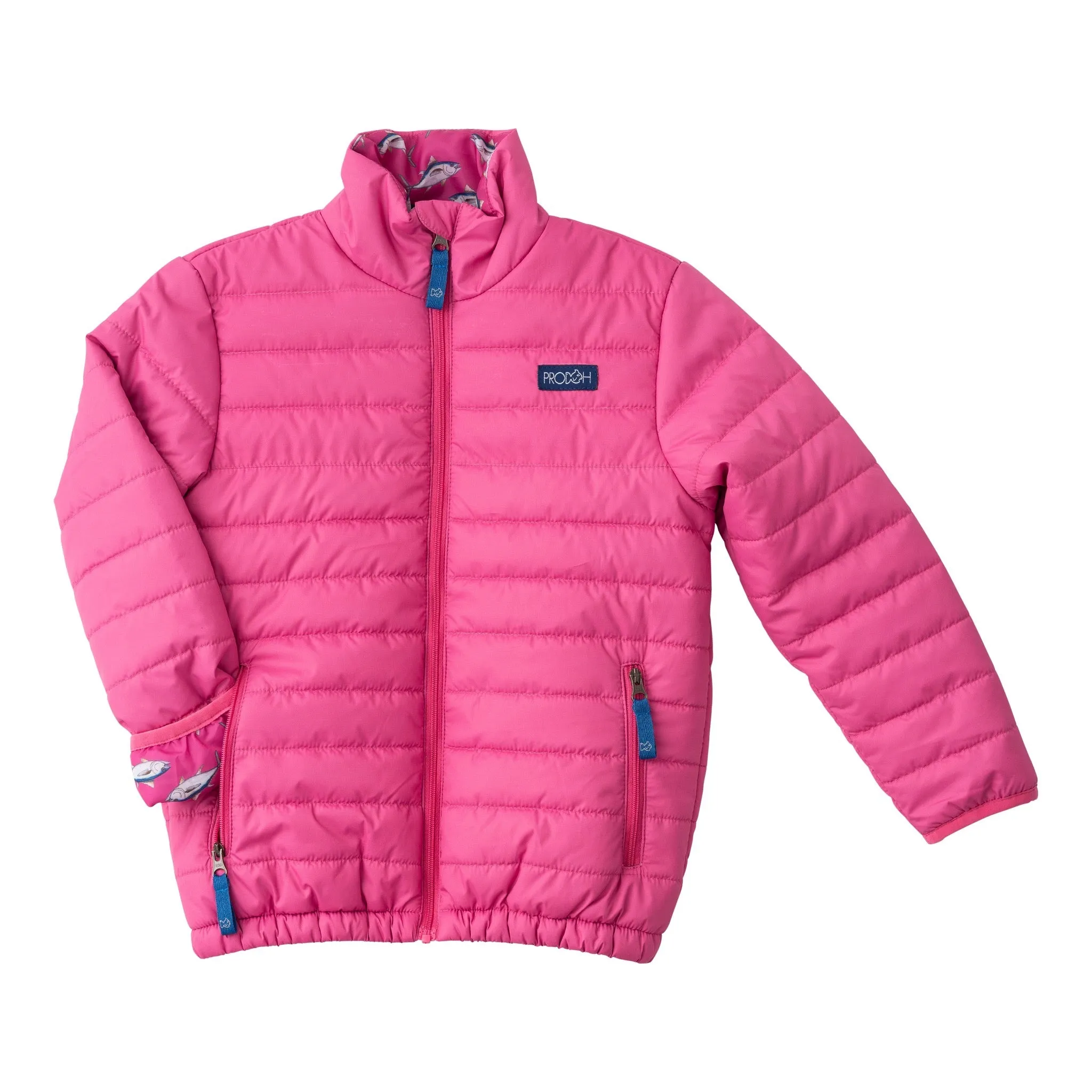 Girl's Puffer Jacket in Raspberry Rose Pink with Bigeye Tuna Print Liner