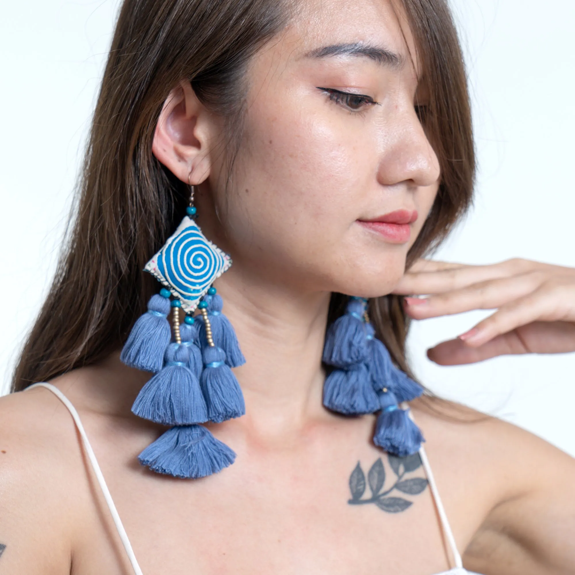 Hill Tribe Pillow Tassels Earrings in Blue