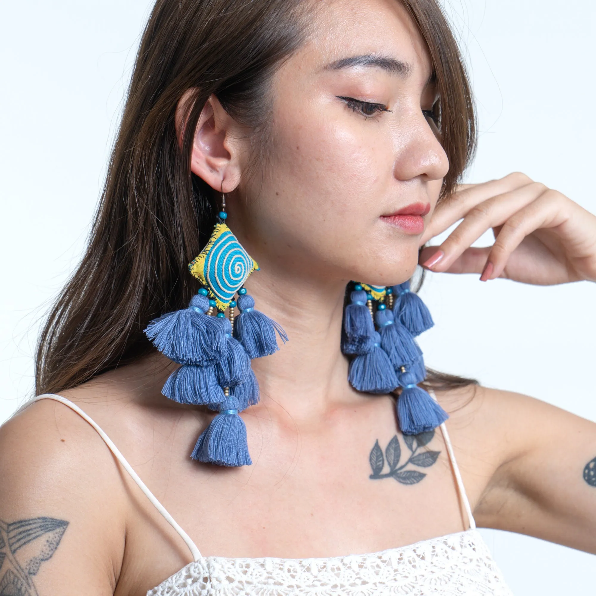 Hill Tribe Pillow Tassels Earrings in Blue