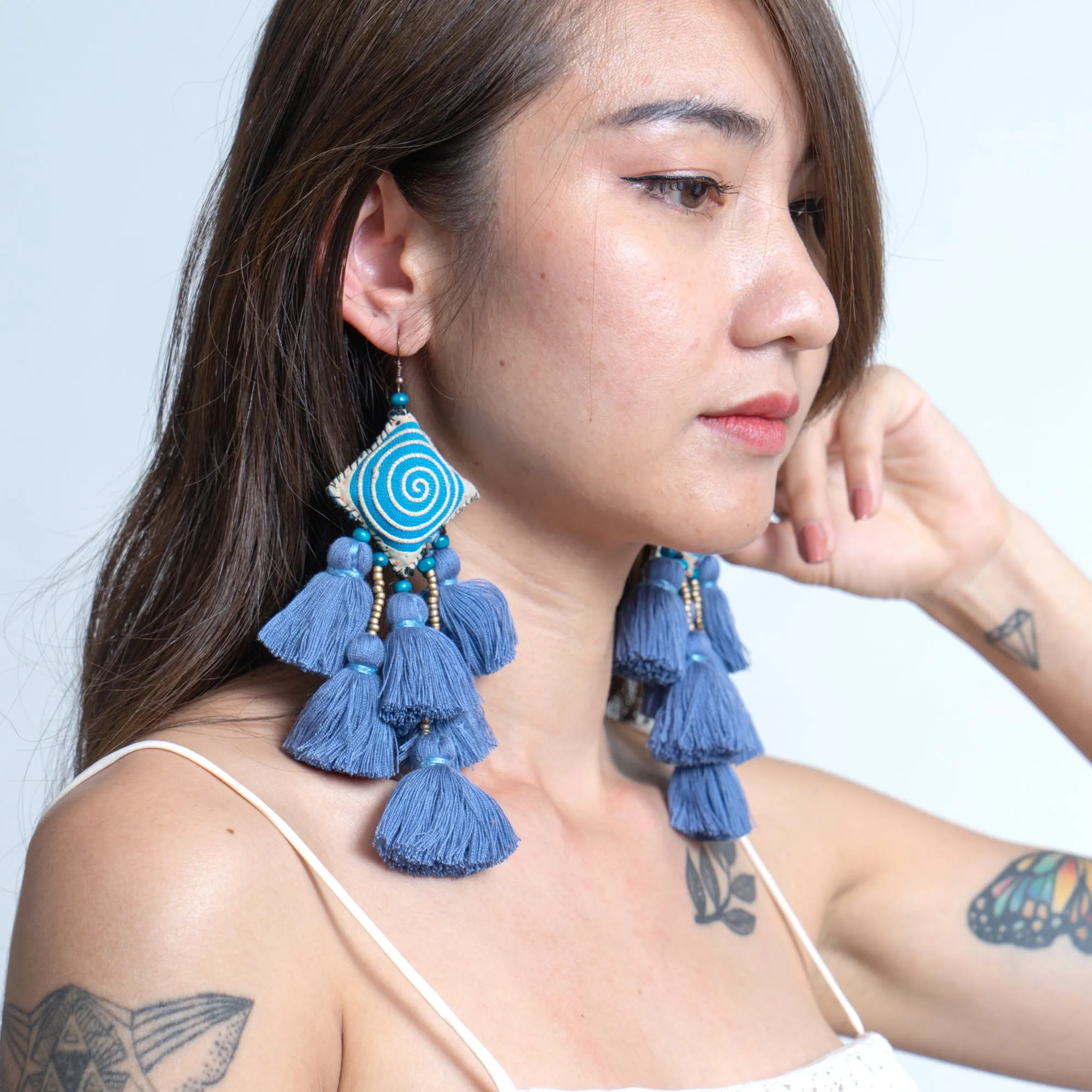 Hill Tribe Pillow Tassels Earrings in Blue