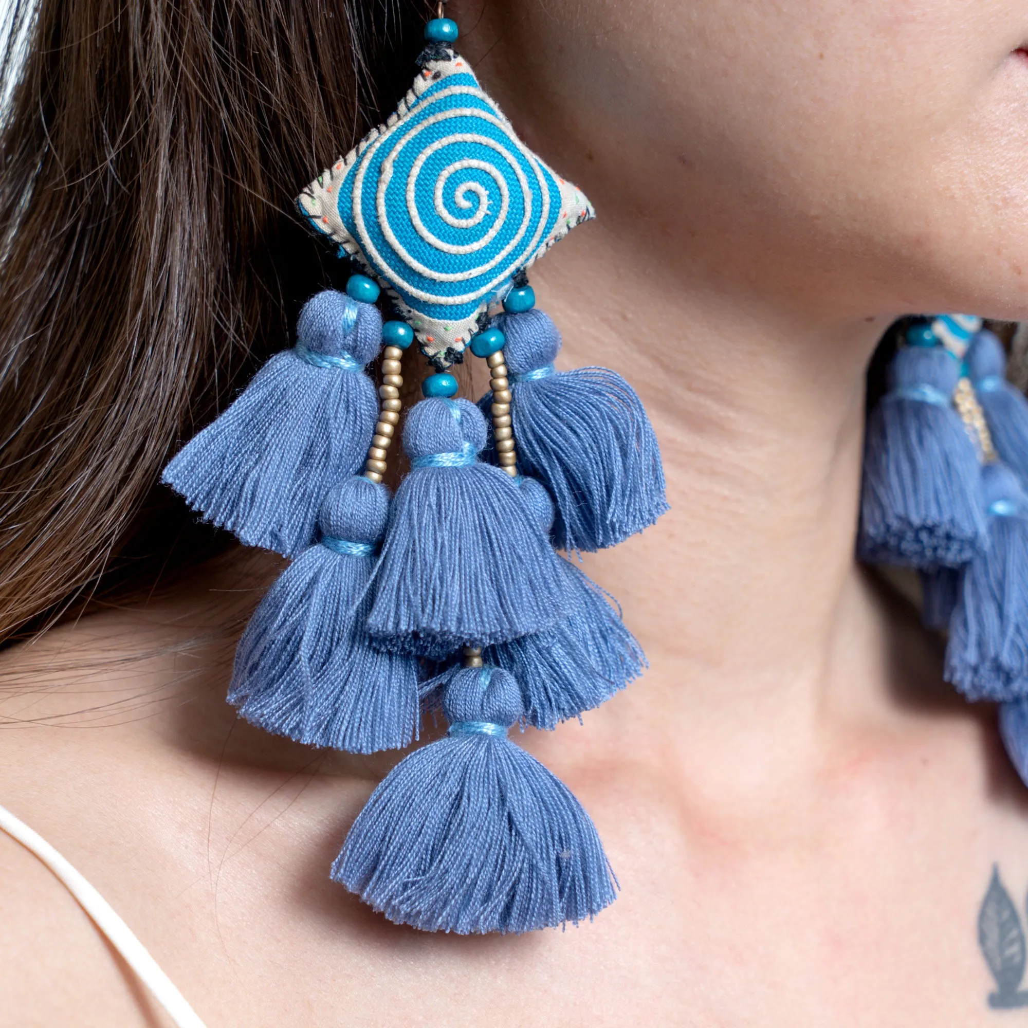 Hill Tribe Pillow Tassels Earrings in Blue