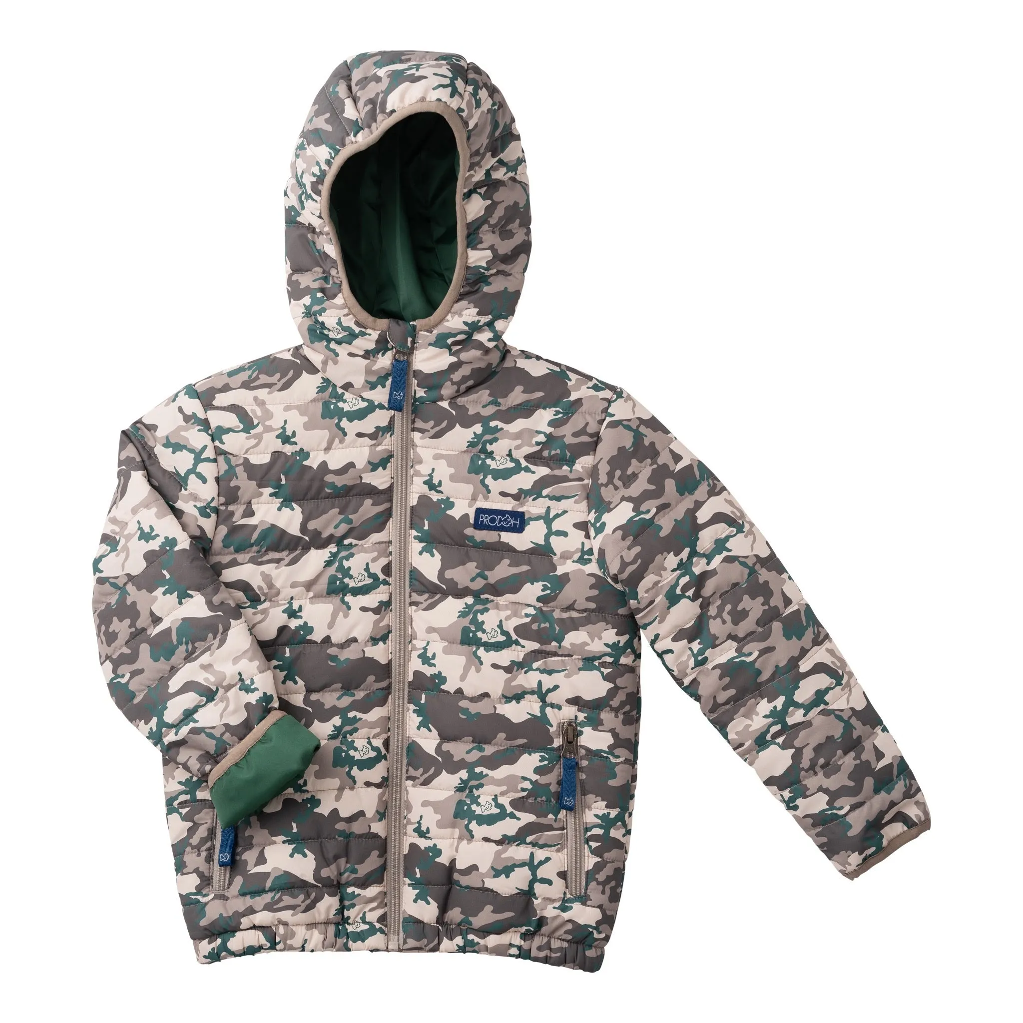 Kid's Hooded Puffer Jacket in Neutral Camo with Solid Green Liner