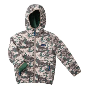 Kid's Hooded Puffer Jacket in Neutral Camo with Solid Green Liner