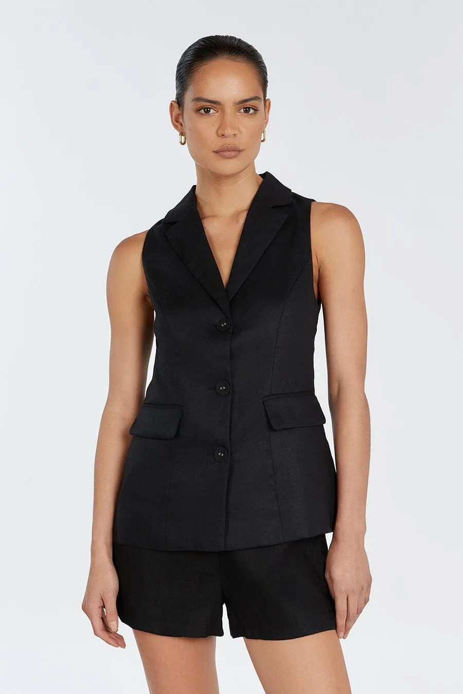 KRISTIN BLACK LINEN LONGLINE VEST