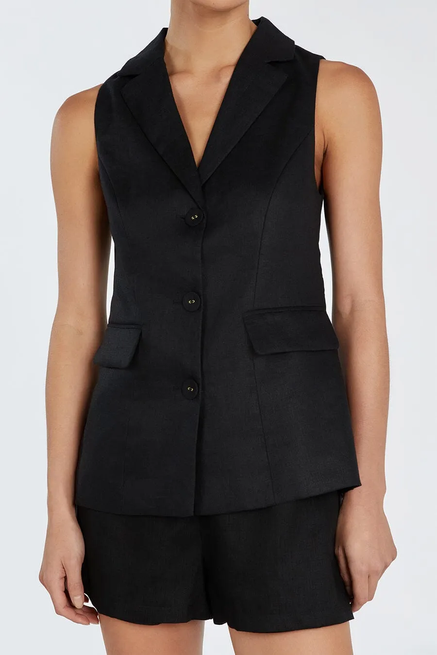 KRISTIN BLACK LINEN LONGLINE VEST