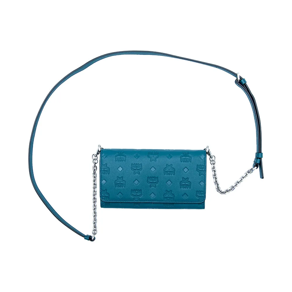 MCM Klara Monogram Leather Phone Wallet Crossbody Bag Deep Teal  Small