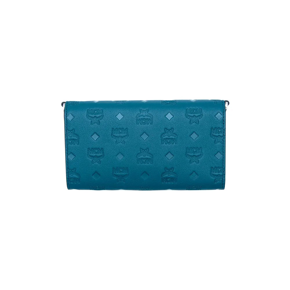 MCM Klara Monogram Leather Phone Wallet Crossbody Bag Deep Teal  Small