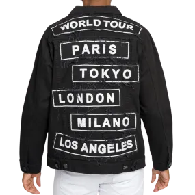 Mens Denim Jacket Jet Black White Print World Tour Paris Tokyo London Milan LA