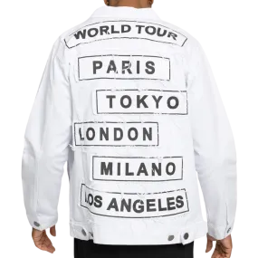 Mens Denim Jacket White with Black Print World Tour Paris Tokyo London Milan LA