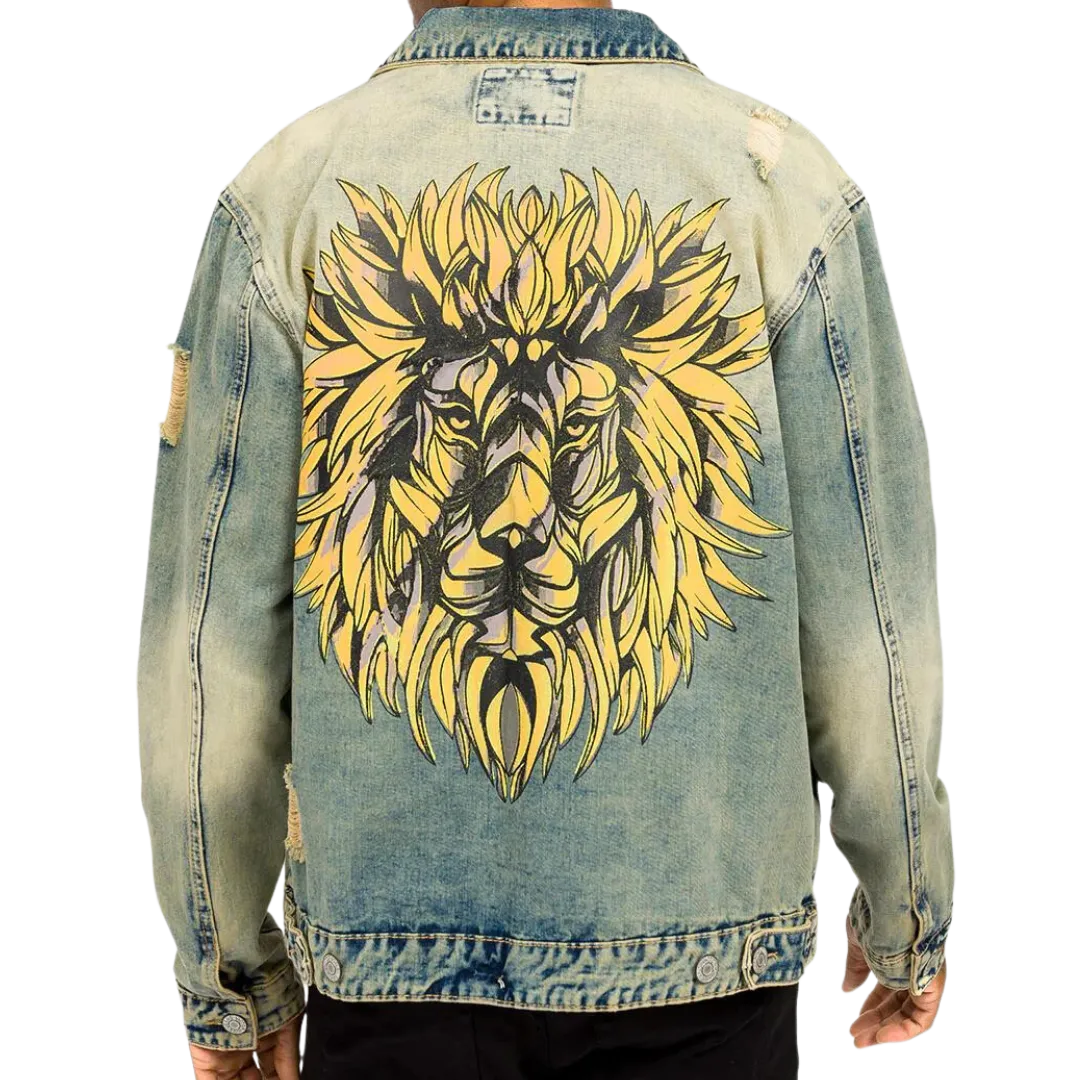 Mens Denim Lion Head Jacket Blue Indigo Vintage Wash Jean Jacket