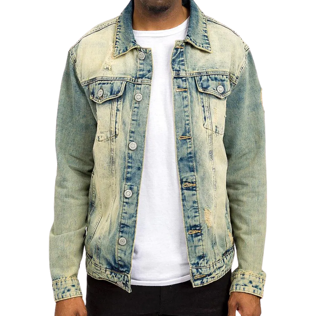 Mens Denim Lion Head Jacket Blue Indigo Vintage Wash Jean Jacket