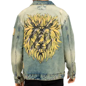 Mens Denim Lion Head Jacket Blue Indigo Vintage Wash Jean Jacket