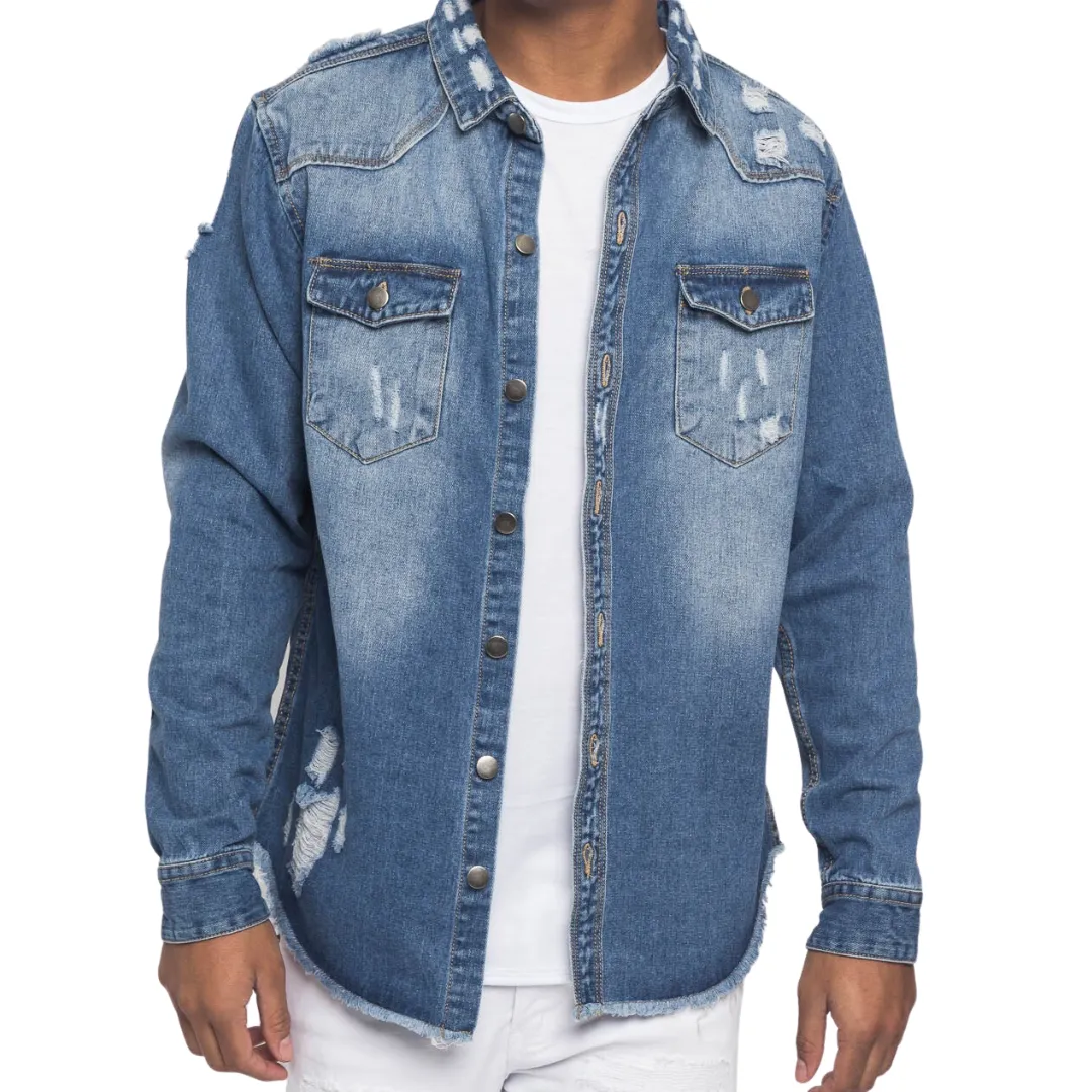 Mens Distressed Denim Over Shirt Button Up Jacket Blue Wash Vintage Jean Jacket