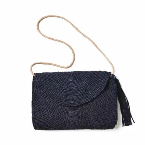 Navy Leah Crocheted Raffia Crossbody Shoulder Bag