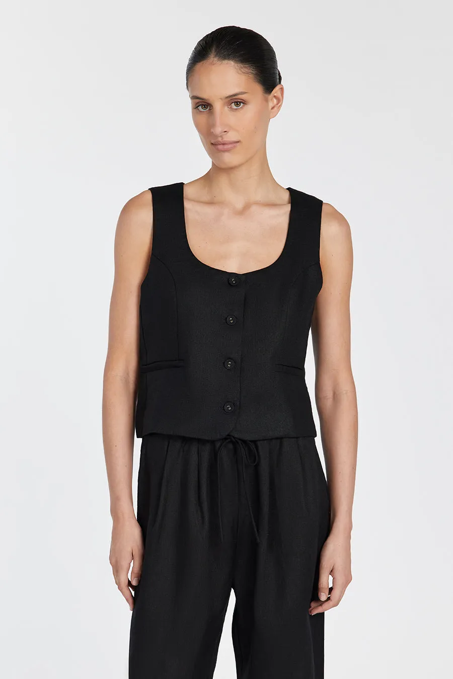 OSCAR BLACK SCOOP NECK LINEN VEST