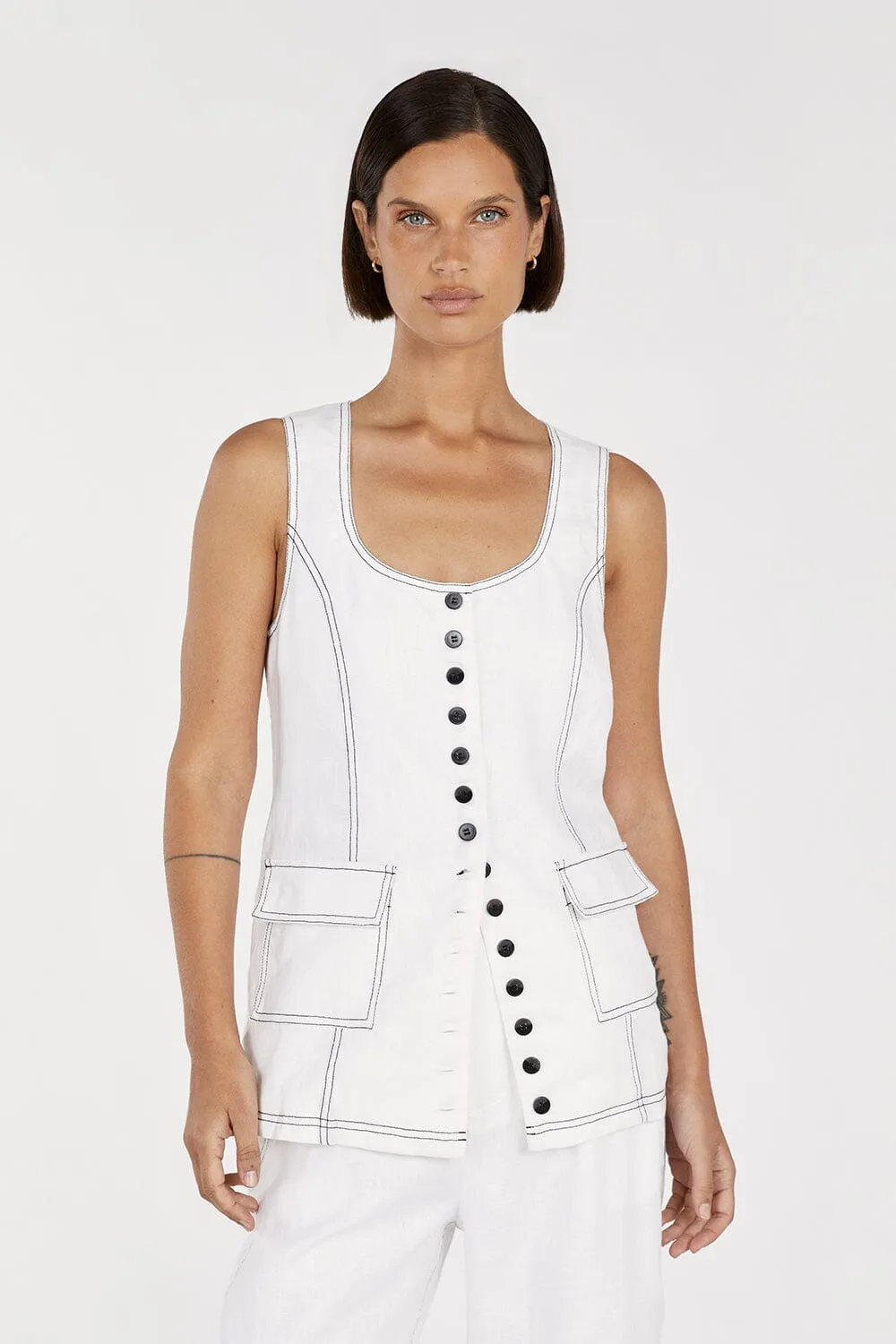 ROSIE WHITE LINEN LONGLINE VEST