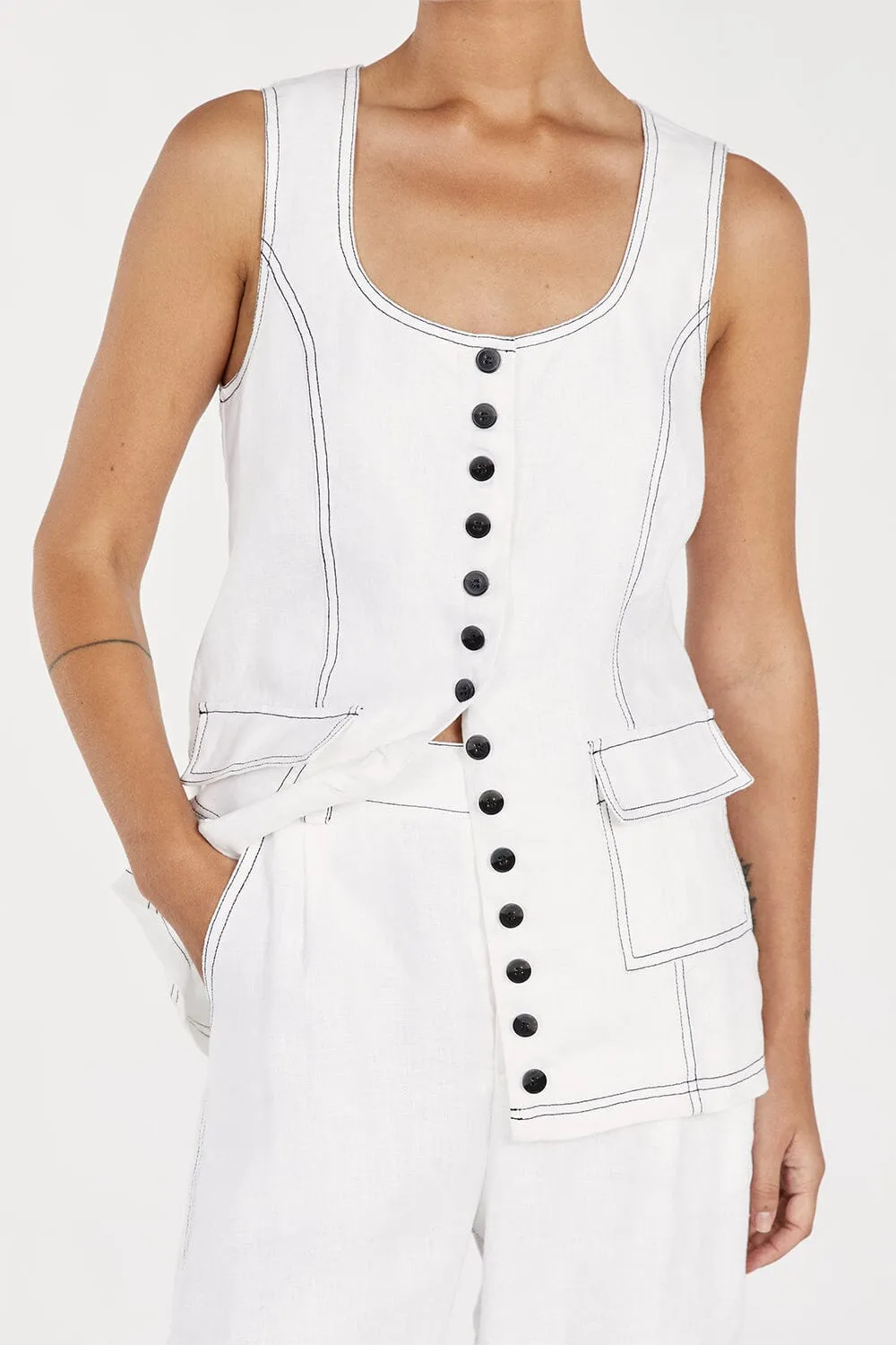 ROSIE WHITE LINEN LONGLINE VEST