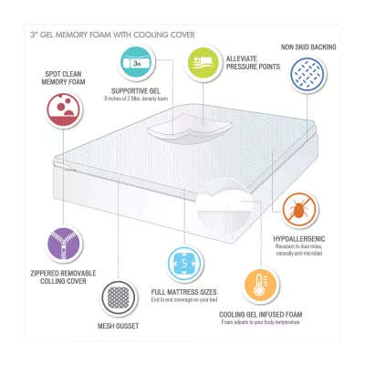 Sleep Philosophy Hypoallergenic 3" Cooling Gel Memory Foam Mattress Topper with Removable Cooling Cover