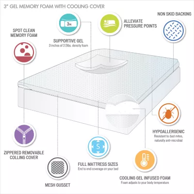 Sleep Philosophy Hypoallergenic 3" Cooling Gel Memory Foam Mattress Topper with Removable Cooling Cover