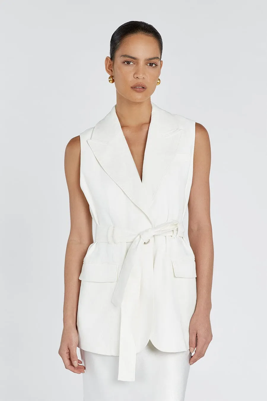 SLOAN WHITE SLEEVELESS LINEN BLEND VEST