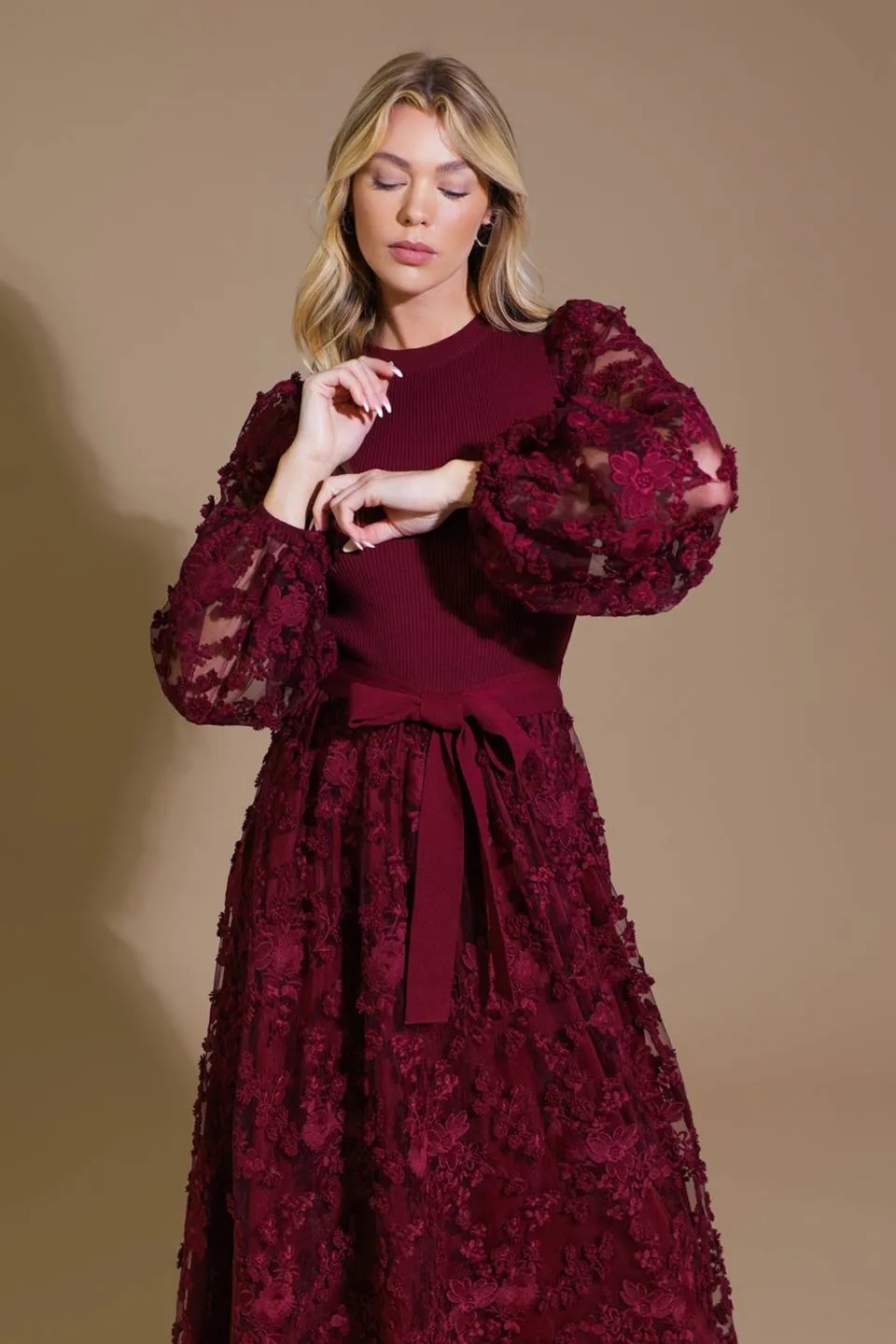 STAY HAPPY LACE SWEATER MIDI DRESS