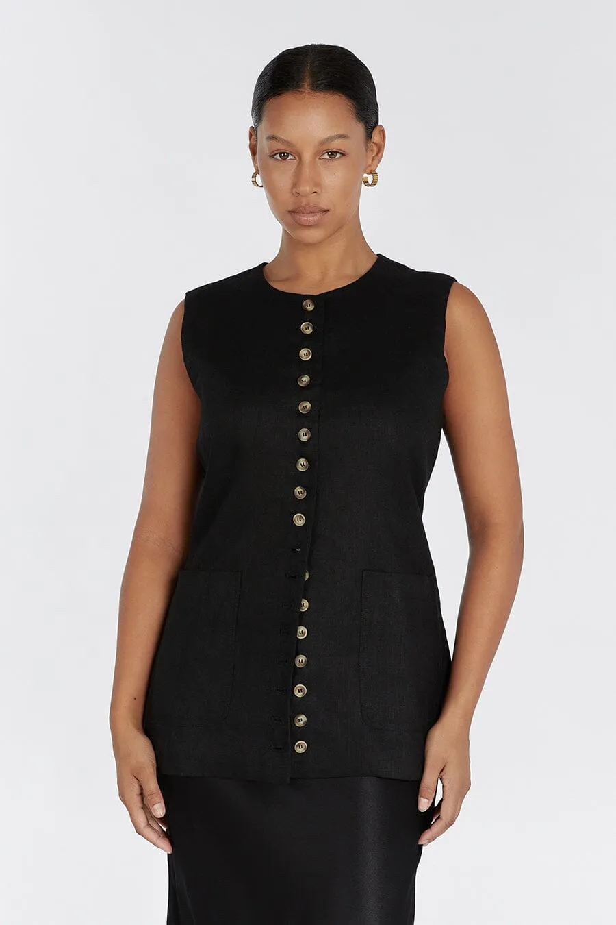 TILLY BLACK LINEN LONGLINE VEST