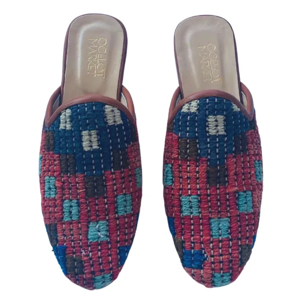 Turkish Kilim Mules | Muted Blue & Red Pattern