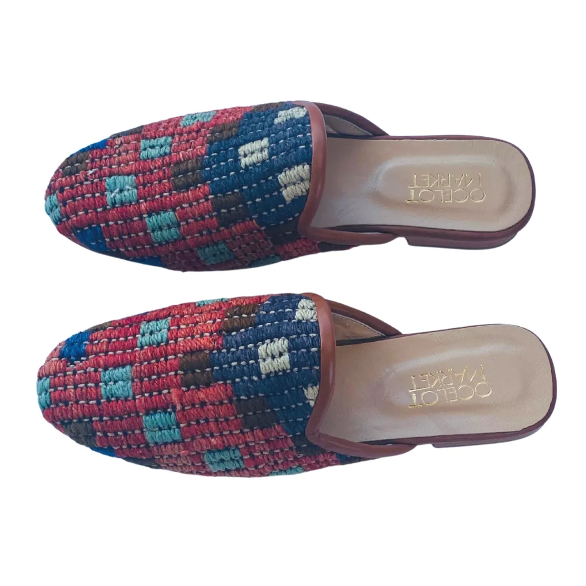 Turkish Kilim Mules | Muted Blue & Red Pattern