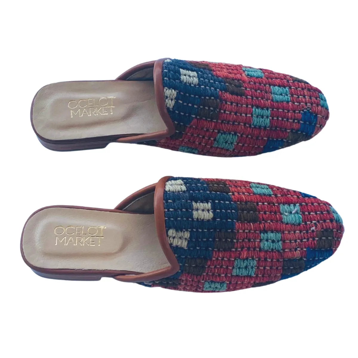 Turkish Kilim Mules | Muted Blue & Red Pattern