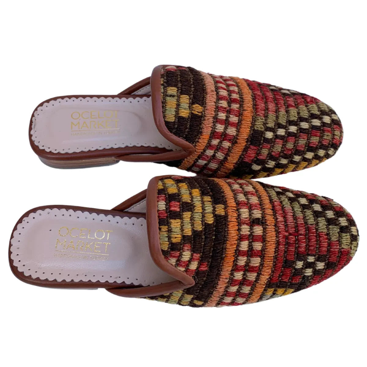 Women's Turkish Kilim Mules | Multicolor Red Pattern