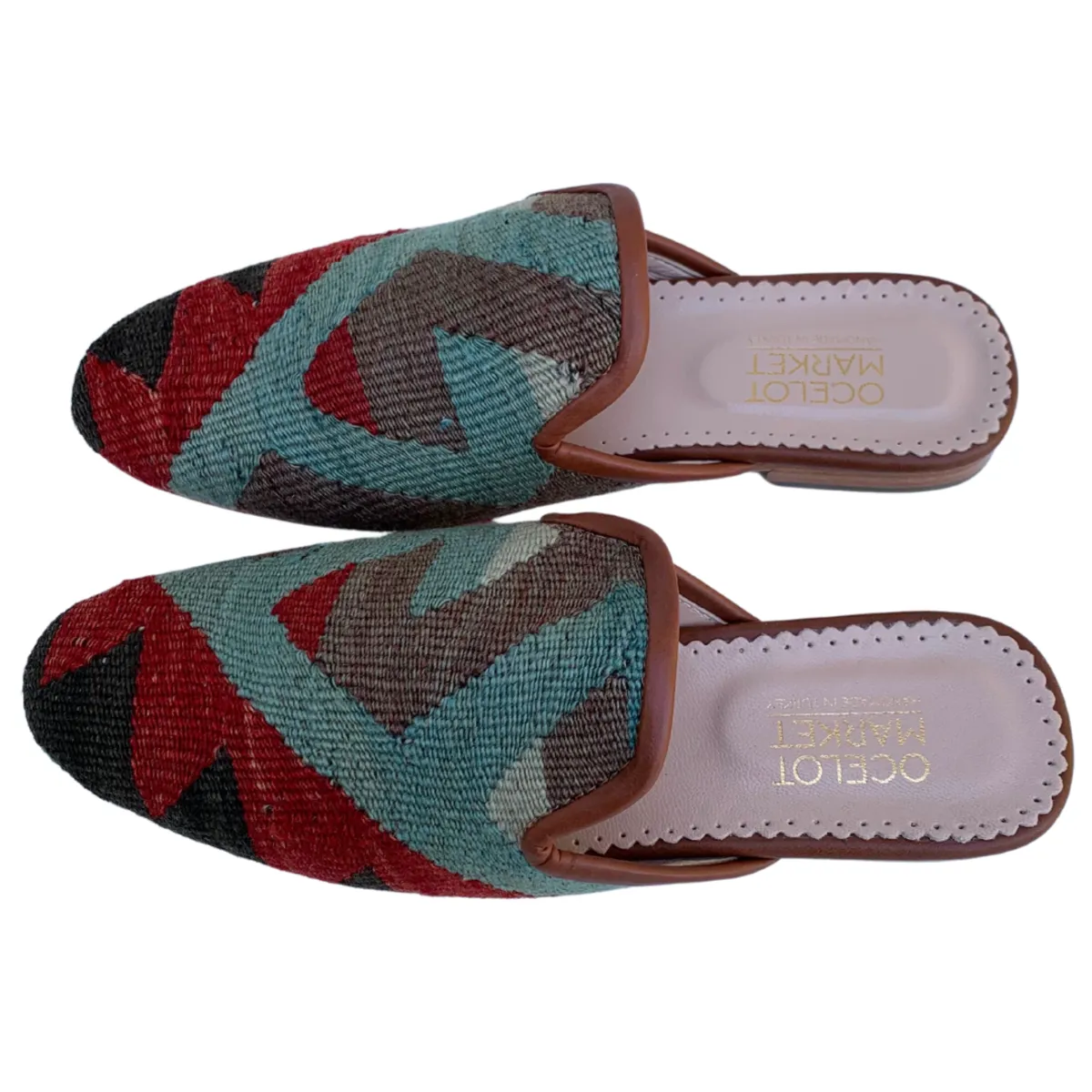 Women's Turkish Kilim Mules | Red & Blue