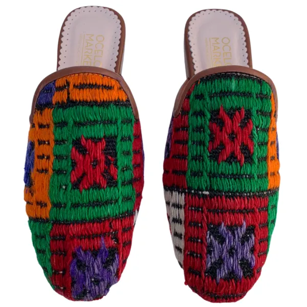 Women's Turkish Kilim Mules | Red, Orange, & Green Pattern